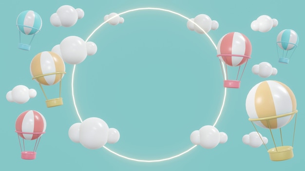 3D-renderingconcept van weergaveruimte met heteluchtballonnen in de lucht met wolken en glanzende ring