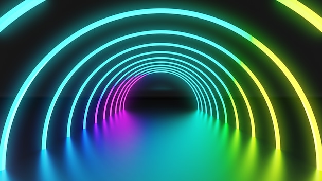 3D-renderingillustratie, abstracte neonverlichtingsachtergrond met cirkellampen die gloeien met blauw geel en roze licht. Lege studio met perspectief voor presentatie