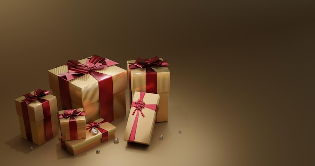 3D-renderingillustratie, gouden geschenkdoos gebonden met rood lint