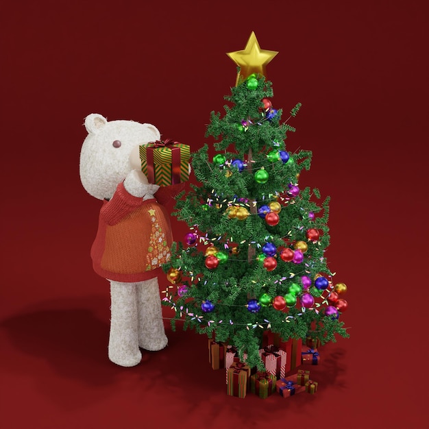 3D-renderingillustratie van schattige beer die cadeautjes op de kerstboom probeert te zetten