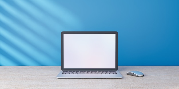 3D-renderingobject. Laptop computermuis geplaatst op houten bureau en blauwe muur met zonlicht.