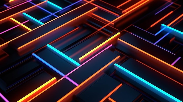 3D визуализация Неоновый абстрактный геометрический фон Треугольная форма Цветные линии, которые светятся в