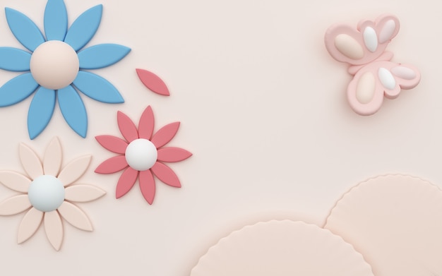 사진 재스민 꽃과 나비 장식으로 추상 분홍색 배경의 3d 렌더링