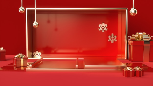 3d renderings of red romantic with platform and gift box