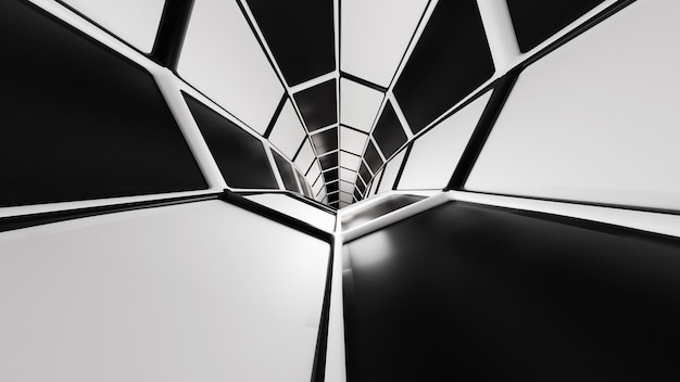3Dレンダリングサイエンスフィクショントンネル黒と白の抽象的な暗い背景