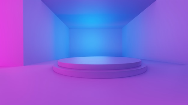 3D-renderings van een brede hal met blauwe en roze lichten met een podium in het midden