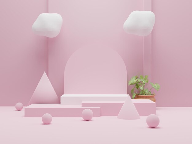 3D-renderingscène met roze en witte minimale podiaregeling