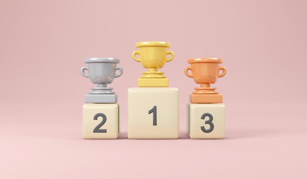 Foto 3d renderingsconcept winnaar. set van trofee in goud zilver brons op winnaar podium 1e 2e 3e op roze achtergrond. 3d-weergave. 3d illustratie. minimale ontwerpsjabloon.