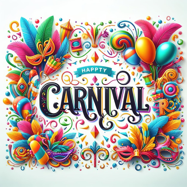 3d-renderingsillustratie Kleurrijke letters voor carnaval met feestelementen versierd op een witte achtergrond Header- of bannerontwerpruimte voor tekst of boodschapi gegenereerd