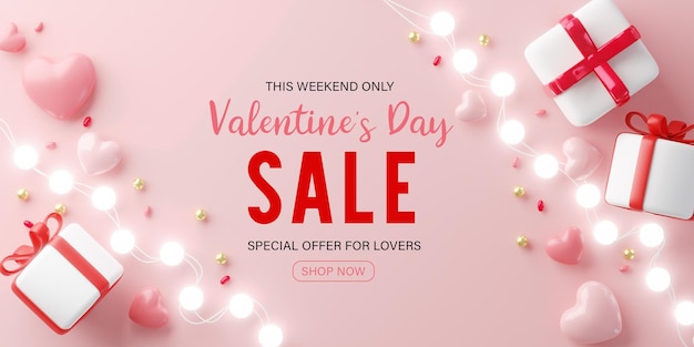 3d renderingvalentines day sale with heart shaped balloons gift\
box and ball light decor holiday illustration banner for valentine\
and mother day design