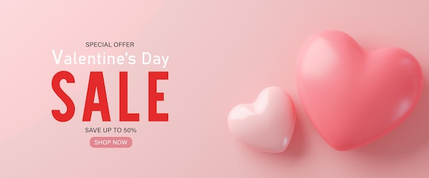 Photo 3d renderingvalentines day sale with heart shaped balloons holiday illustration banner for valentine and mother day design