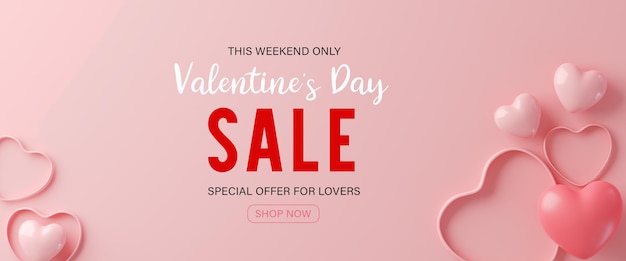 Photo 3d renderingvalentines day sale with heart shaped balloons holiday illustration banner for valentine and mother day design