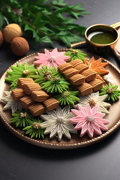 Photo 3d renders of traditional nowruz sweets like baklava or noghl