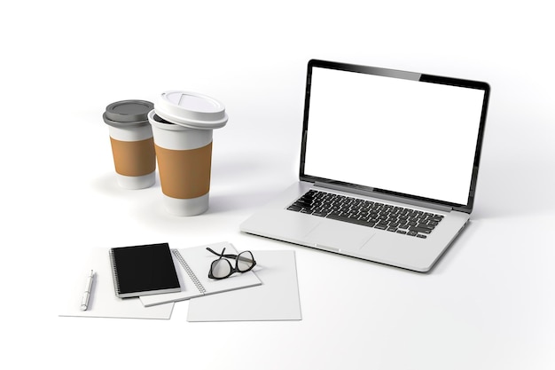 3D-рендеринг рабочего места с документами для ноутбука и кофейными чашками