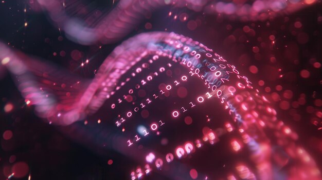 a 3d representation of a dna strand showcases vibrant digital data streams and binary codes flowing through its structure symbolizing bioinformatics generative ai