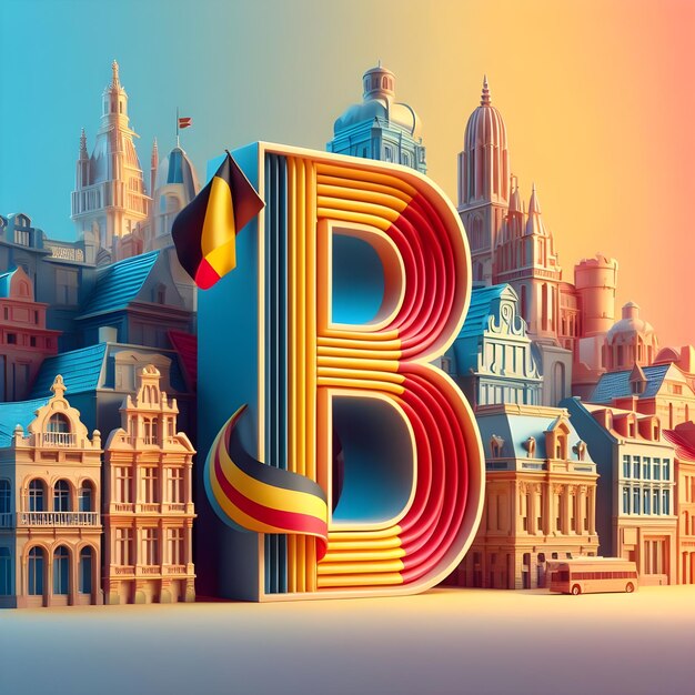 3D representation of the letter B set against the colorful backdrop of Belgium capital and flag