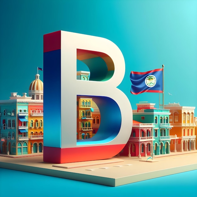 3D representation of the letter B set against the colorful backdrop of Belize capital and flag