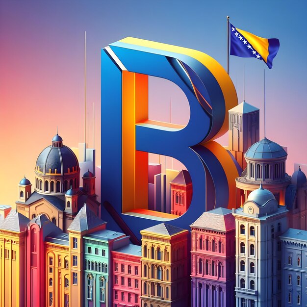 3D representation of the letter B set against the colorful backdrop of Bosnia capital and flag