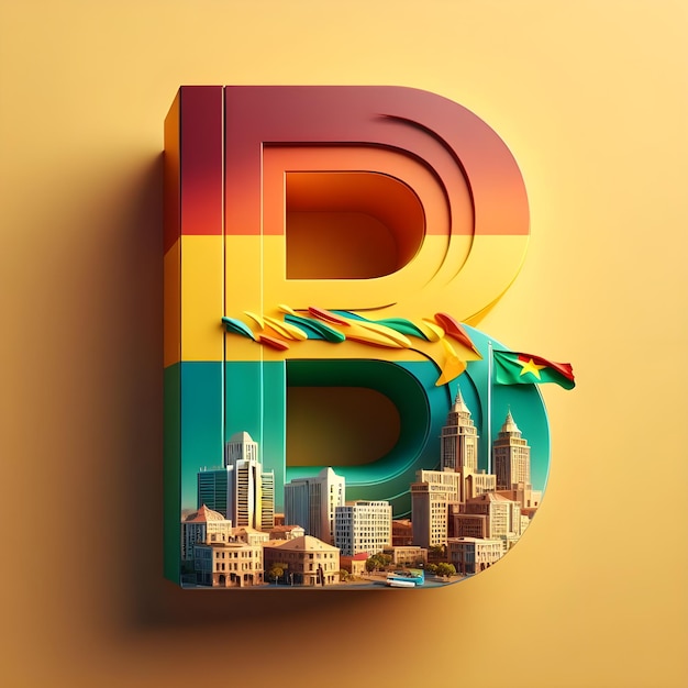 3D representation of the letter B set against the colorful backdrop of Burkina Faso capital and flag