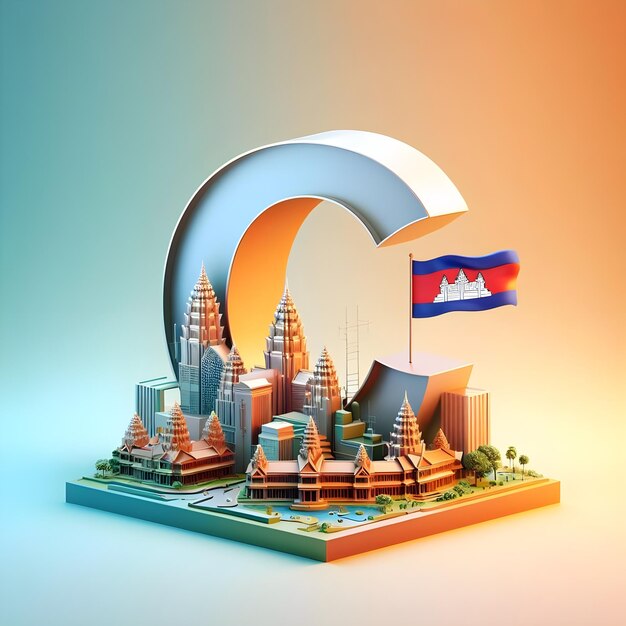 Photo 3d representation of the letter c set against the colorful backdrop of cambodia capital and flag