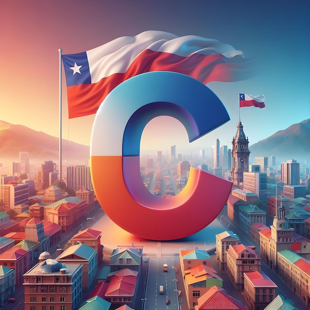 3D representation of the letter C set against the colorful backdrop of Chile capital and flag