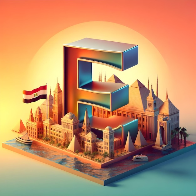 3D representation of the letter E set against the colorful backdrop of Egypt capital and flag