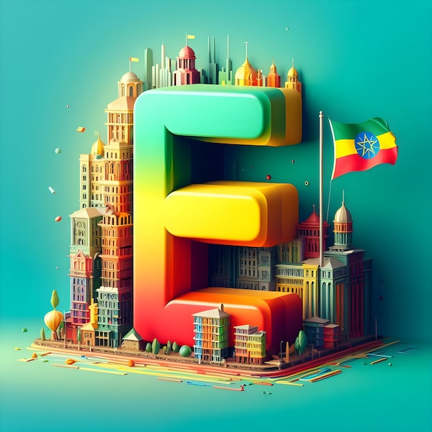 3D representation of the letter E set against the colorful backdrop of Ethiopia capital and flag