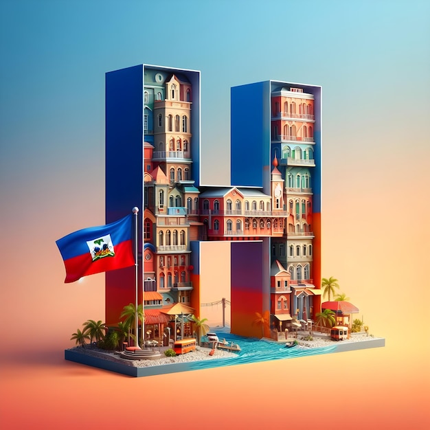 3D representation of the letter H set against the colorful backdrop of Haiti capital and flag