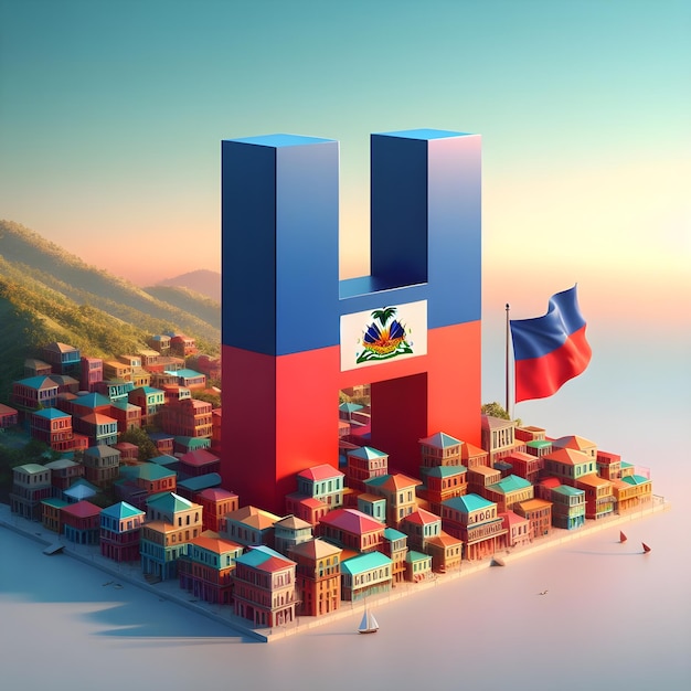 3D representation of the letter H set against the colorful backdrop of Haiti capital and flag