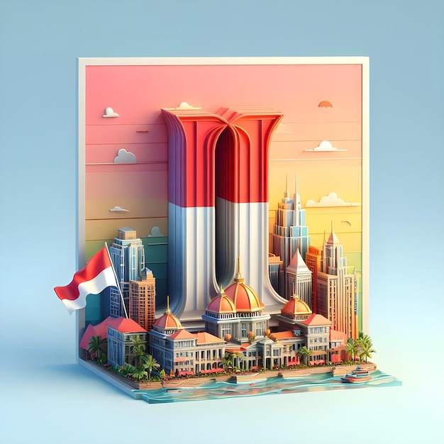 Photo 3d representation of the letter i set against the colorful backdrop of indonesia capital and flag