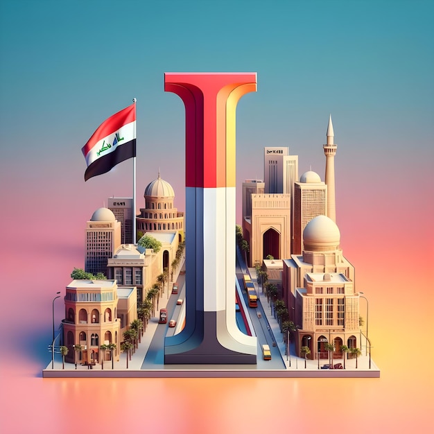 3D representation of the letter I set against the colorful backdrop of Iraq capital and flag