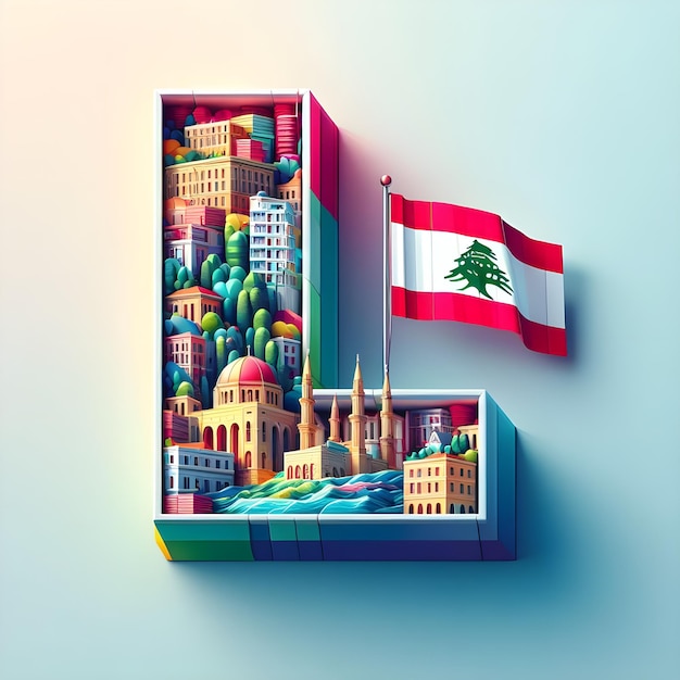 3D representation of the letter L set against the colorful backdrop of Lebanon capital and flag