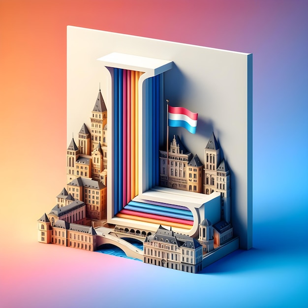 3D representation of the letter L set against the colorful backdrop of Luxembourg capital flag