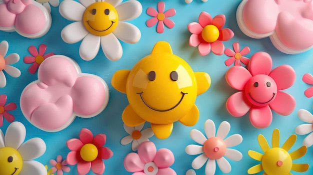 3D Retro Smiley Faces Flowers and Clouds Composition