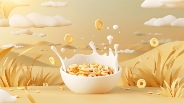 Photo 3d ring cereals ad template bowl of cereal with milk splashing down paper cut landscape silhouette background concept for a healthy breakfast