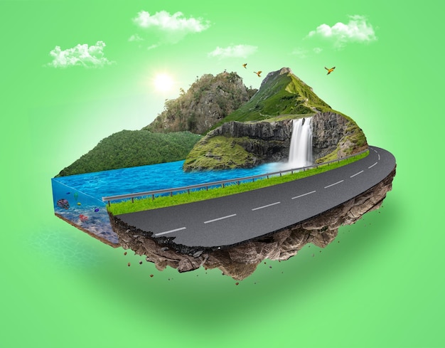 3d, road, background, floating, waterfall, land, render, landscape, isolated, car, tropical, beach.