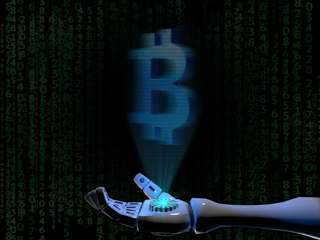 3D Robot hand holding a hologram of the Bitcoin sign.