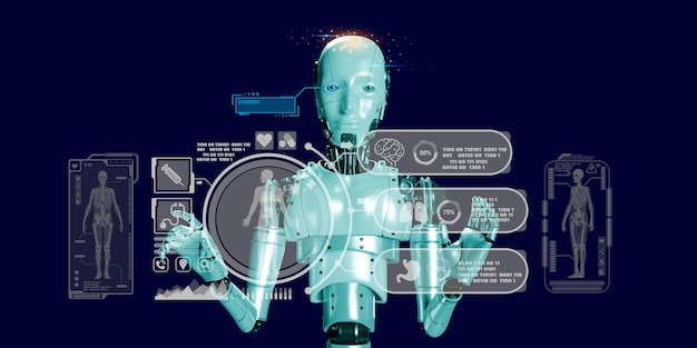 Foto 3d-robot met element digitaal medisch icoon ai werkt met arts ontwerp behandelingsrichtlijn