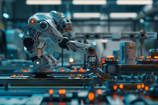 Foto robot 3d sulla linea di produzione in un concetto industriale di fabbrica