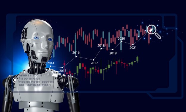 Foto ai robotica 3d che aiuta le aziende a elaborare dati economici per determinare le tendenze di investimento