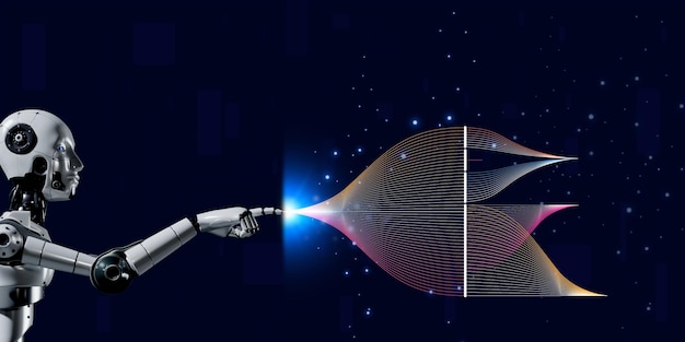 3d robotic render showing metaverse and data science algorithm digital data network transformation for next generation technology on cyberspace internet network and digital software development