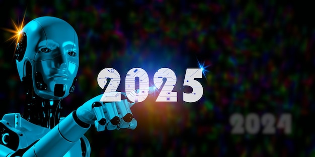 3d robotic render touching 2025 on circuit diagram start artificial intelligence technology developing on new year
