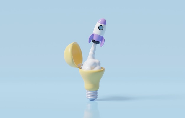 3D Rocket flying out of light bulb, startup idea or entrepreneurship to build business concept.