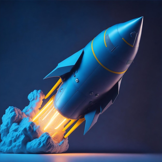 3d rocket image blue background