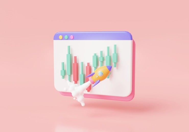 Photo 3d rocket rising moving up icon with spewing smoke with graph chart on web browser spaceship rocket online trading growth statistics trading business startup 3d minimal render illustration