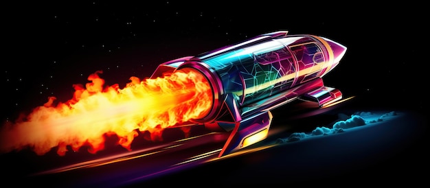 Photo 3d rocket space colorful holographic in dark background ai generated image