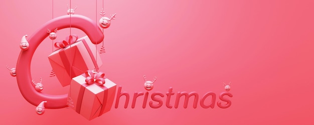 3D-rode kerstlettertype met vrolijke emoji's, krabbelkerstboom en geschenkdozen hangen op roze achtergrond.