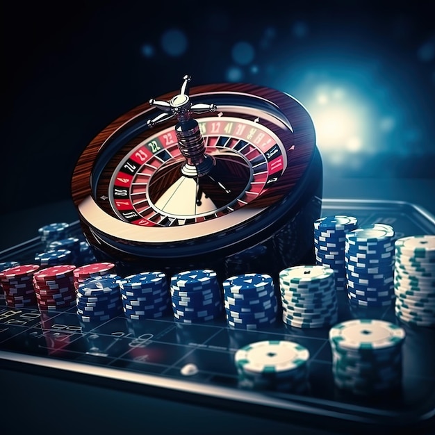 Foto 3d rode roulette compositie met pokerkaarten een vlieg casino chip donkerblauwe achtergrond gloeiende object