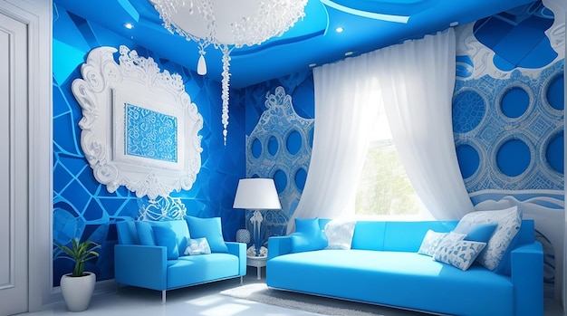 3d room interior design with blue motifs