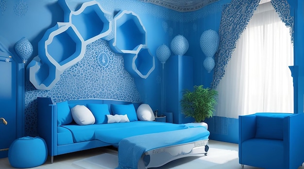 3d room interior design with blue motifs